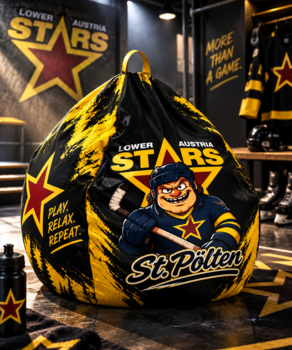 LA Stars Sitzsack in Schwarz, Gelb und Rot mit Hockeyheld St. Pölten und Trageschlaufe