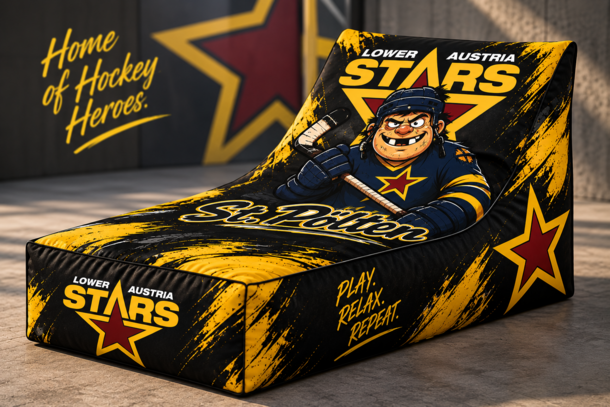 Zusatzbild Weitere Ansicht des LA Stars Liegesofas in Schwarz, Gelb und Rot mit Hockeyheld St. Pölten