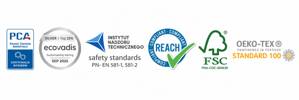 Zusatzbild Übersicht der Zertifizierungen und Standards: PCA, EcoVadis Silber, PN-EN 581-1 und 581-2, REACH, FSC und OEKO-TEX Standard 100